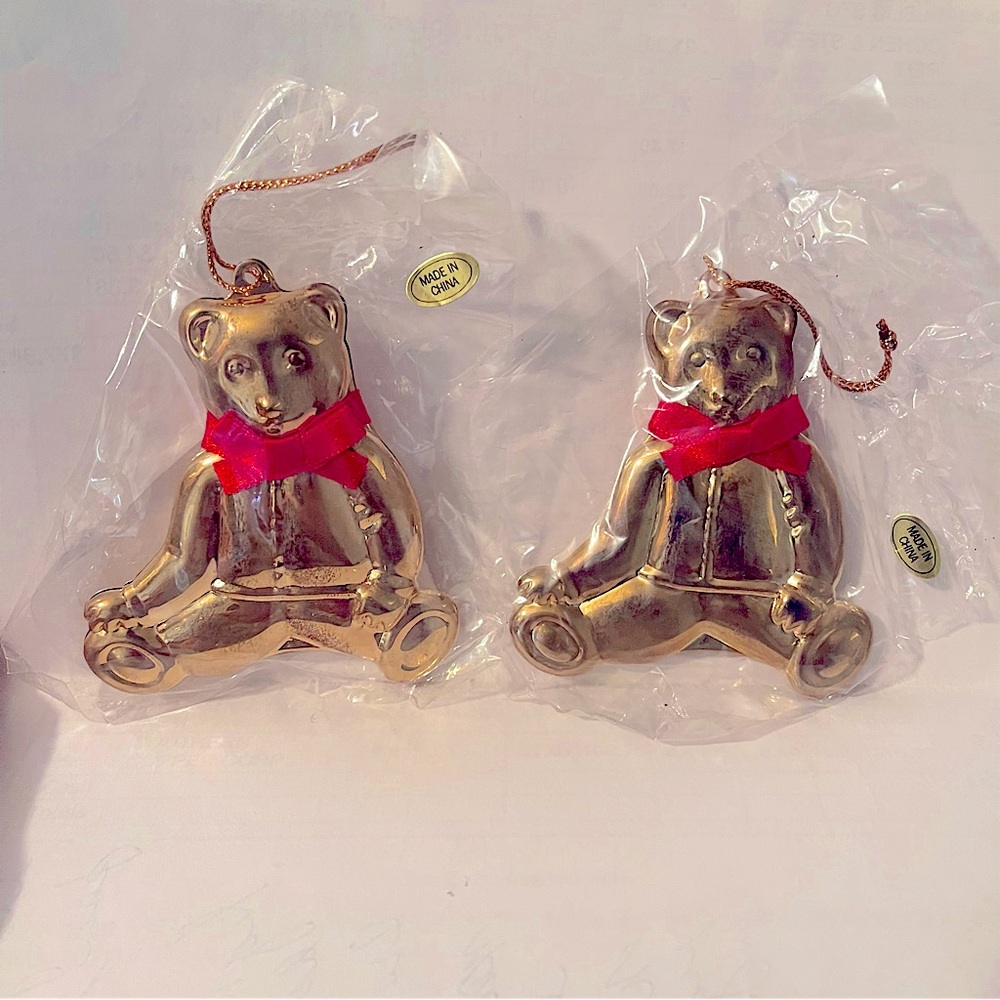 2 Gold colored metal bear Christmas Ornaments